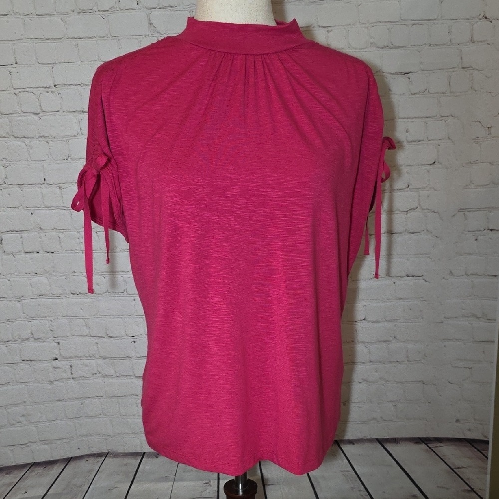 ANTHROPOLOGIE Hot Pink Mock Neck Blouse Ruched Tie Sleeve Top Size S